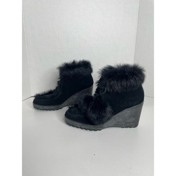 COACH Kataya Boot Black Suede Rabbit Fur Trim Lace Up Wedge Booties Size 6.5 - Picture 4 of 8